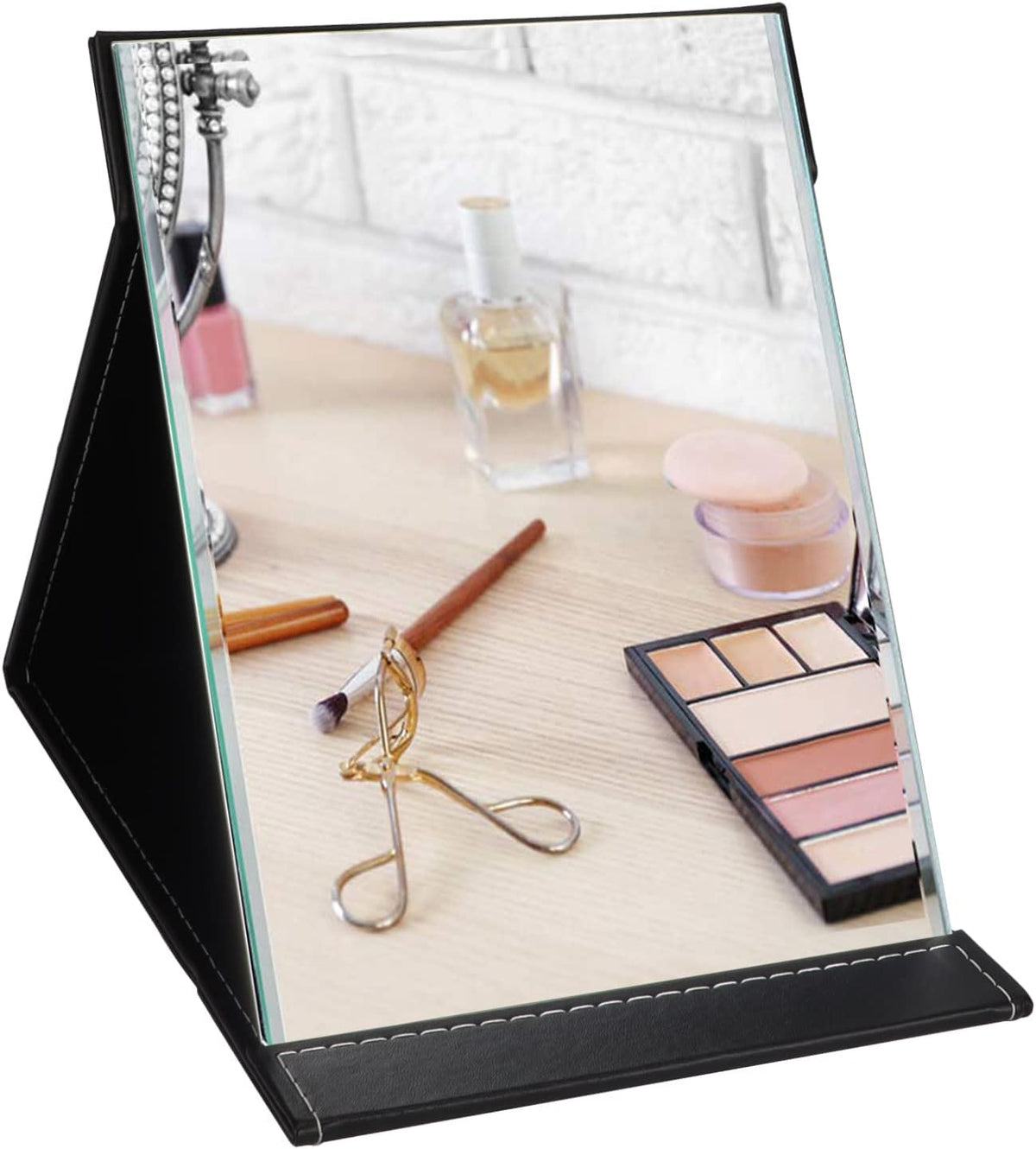 ZBEIVAN 10x7 Inches Portable Folding Makeup Mirror with Cosmetic Desktop Standing for Travel, Vanity Table, Room Decor, Beauty Gifts, Black