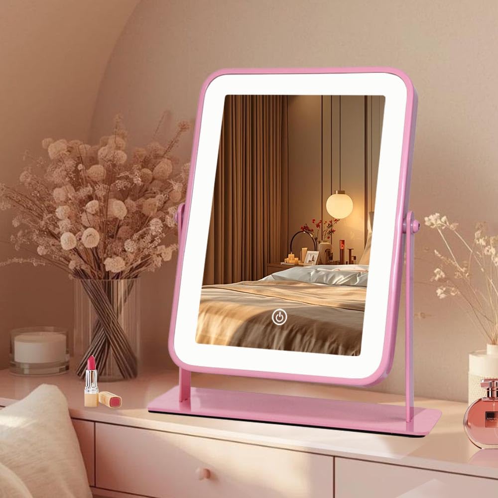 Vanity Mirror with Lights 6x8 Inch, Rechargeable Makeup Mirror for Desk, 3-Color Lighting & Touch Control Tabletop Mirror Lights, Portable Cordless Travel Mirror