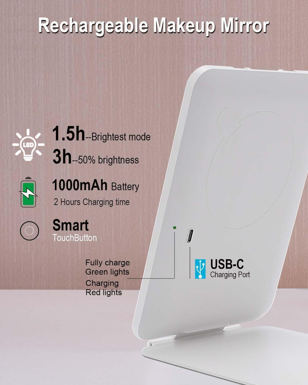 Rechargeable Travel Mirror with Light 7x5 Inch
