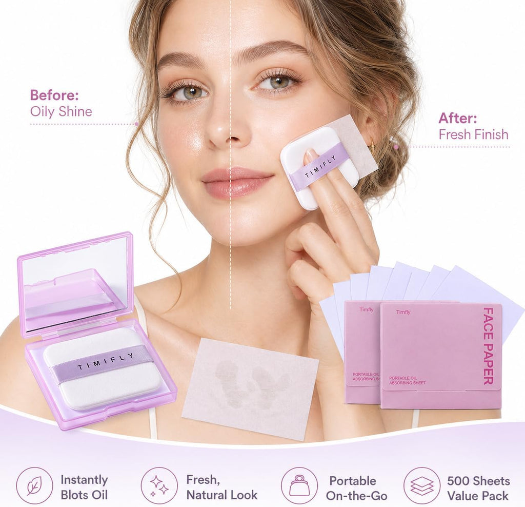 500PCS Oil blotting sheets for face,Papers with Mirror & Puff, Lavender