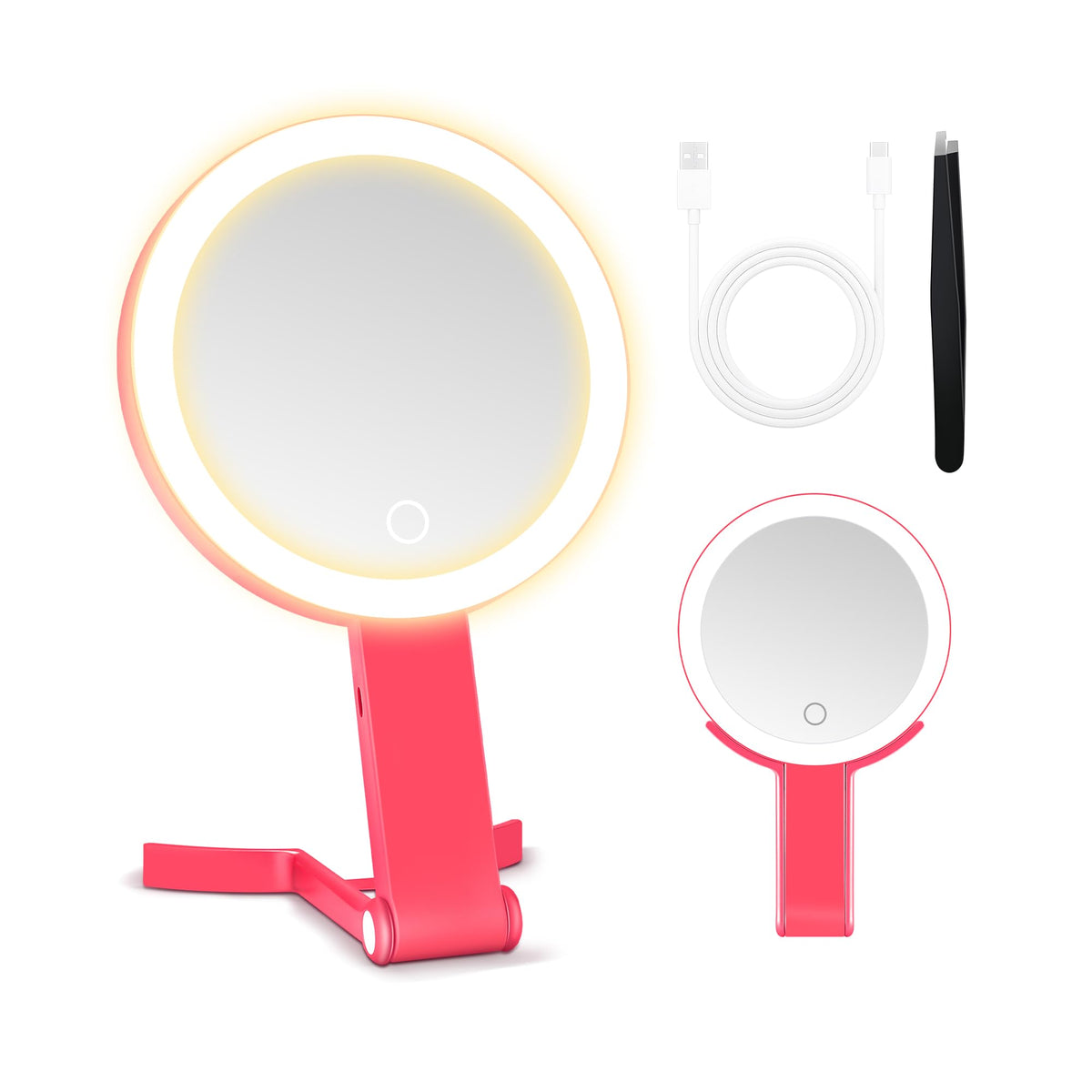 MIYADIVA Travel Makeup Mirror with Lights, Height Adjustable 30X/1X Double-Sided Magnifying Mirror, Portable Vanity Mirror with Tweezers, Handheld Tabletop Hanging, White
