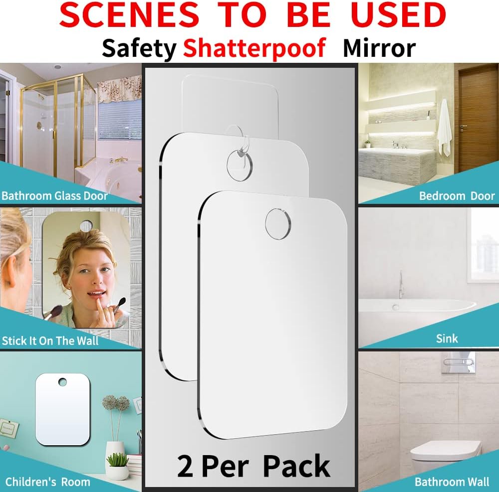 Shatterproof Shower Mirror Fogless for Shaving(2 Pack,Larger 10.7x8 inch) 43% Than Original,Unbreakable Deluxe Plexiglass Makeup Mirror,Largest Bathroom Wall Hanging,Portable Handheld Camping,Silver
