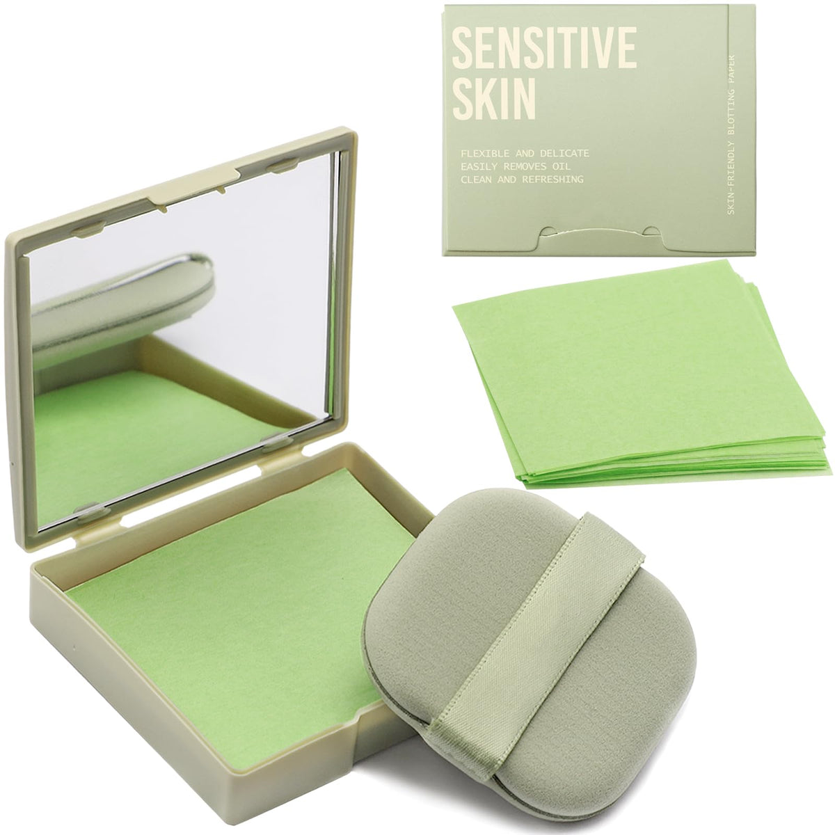 Oil Blotting Sheets for Face with Mirror & Puff, 300 Sheets Oil Absorbing Sheets for Oily Skin, Natural Fiber Blotting Paper, Makeup Friendly Face Oil Control Sheets
