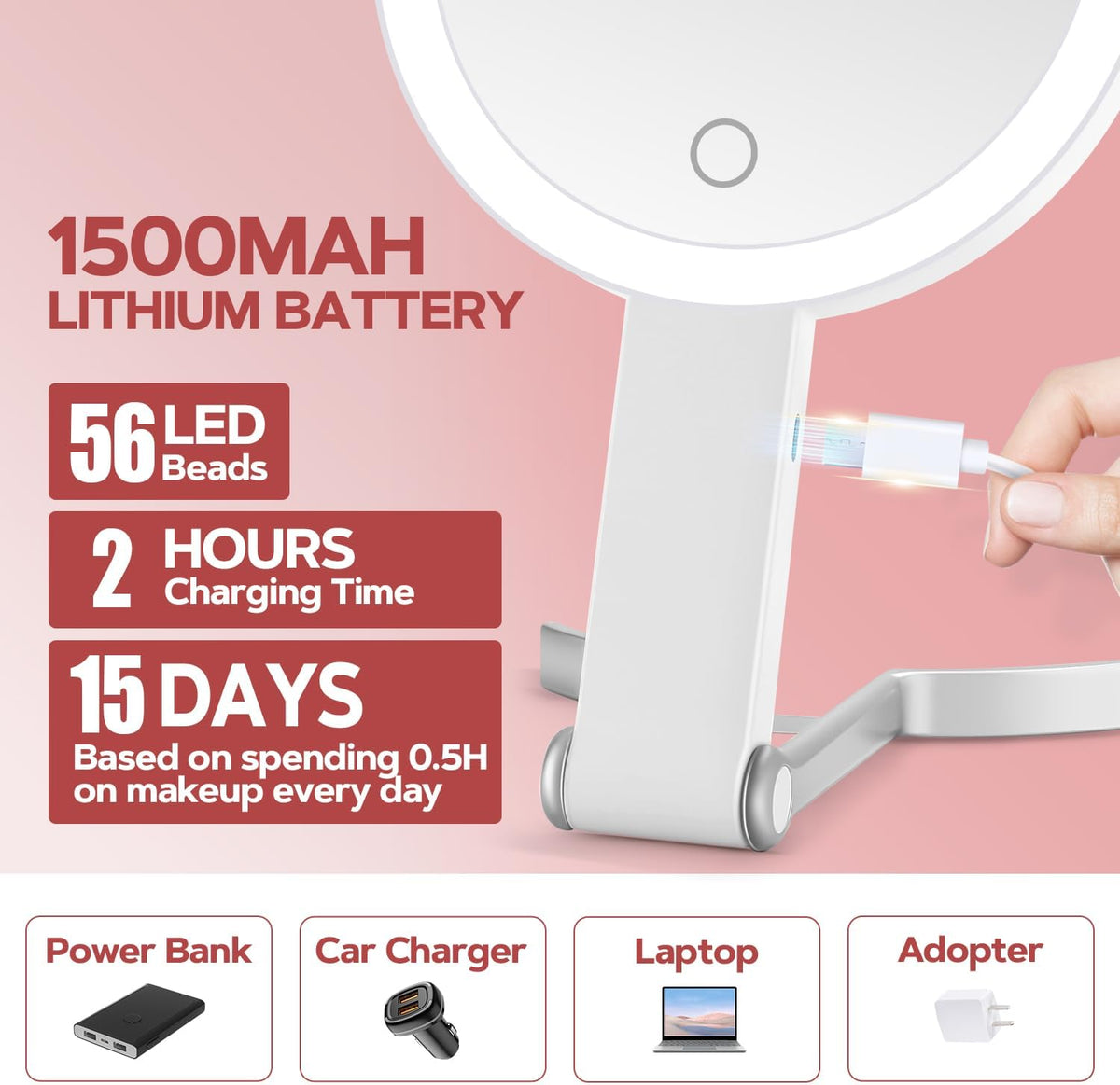 MIYADIVA 30X Magnifying Makeup Mirror with Light, Double-Sided 1X/30X Travel Makeup Mirror, 56 LED Lights, 3 Color Modes, Dimmable, USB-C Rechargeable, Portable Foldable Vanity Mirror for Women