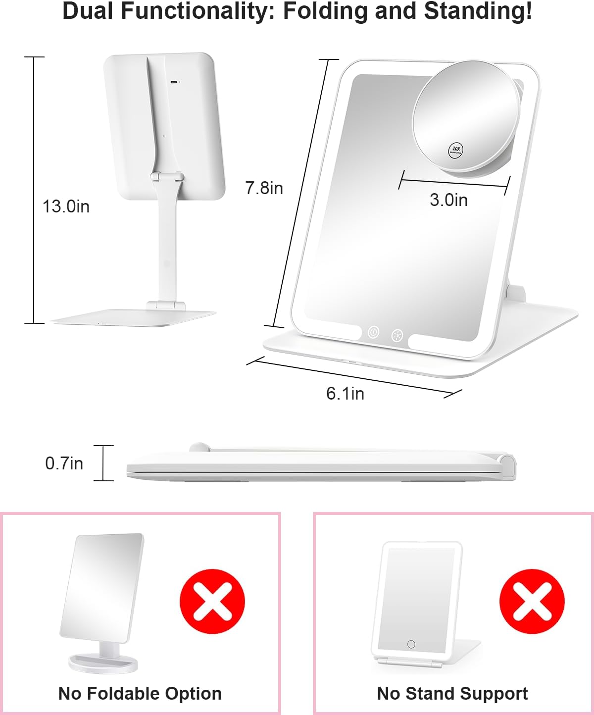 Gospire Travel Makeup Mirror with Lights and Magnification 10X, White