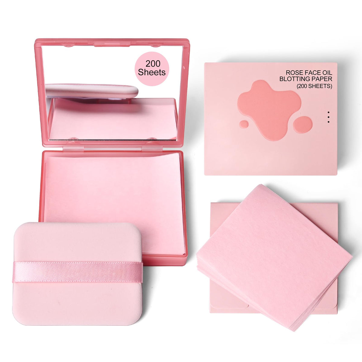 KYDA 200 Sheets Face Oil Blotting Paper, Included Refills, Mirror and Puff, Oil Absorbing Sheets for Matte Makeup, Controls Shine, Absorb Excess Oil, Travel Size Gentle Face Makeup
