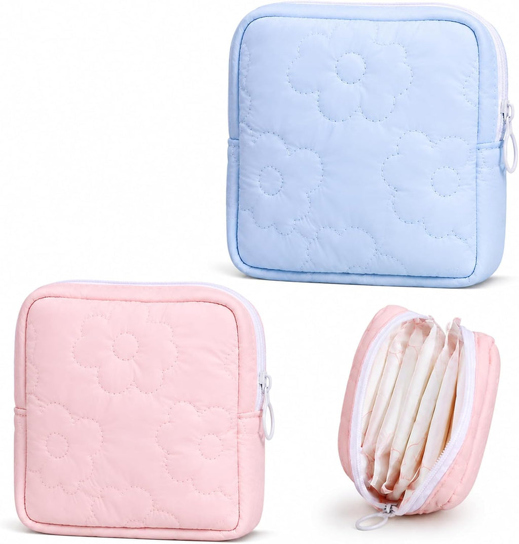 2 PCS Period Bags for Teen Girls, Pink Blue Floral Printed Napkin Storage Period Pouches for Teen Girls, Portable Cute Printed Menstrual Pad Pouch Tampon Holder for Purse, First Period Kit for Girls