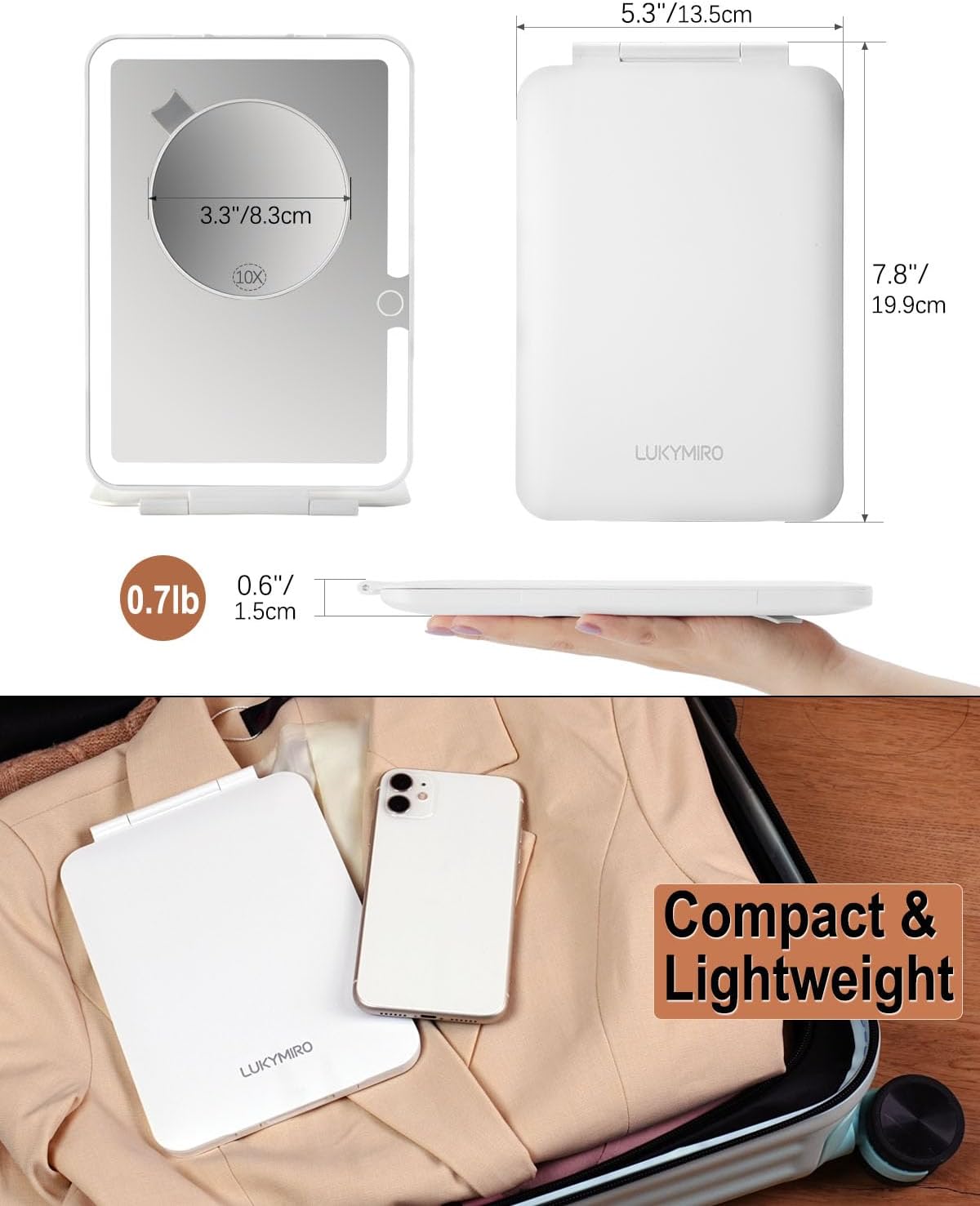 Rechargeable Travel Mirror with Light 7x5 Inch