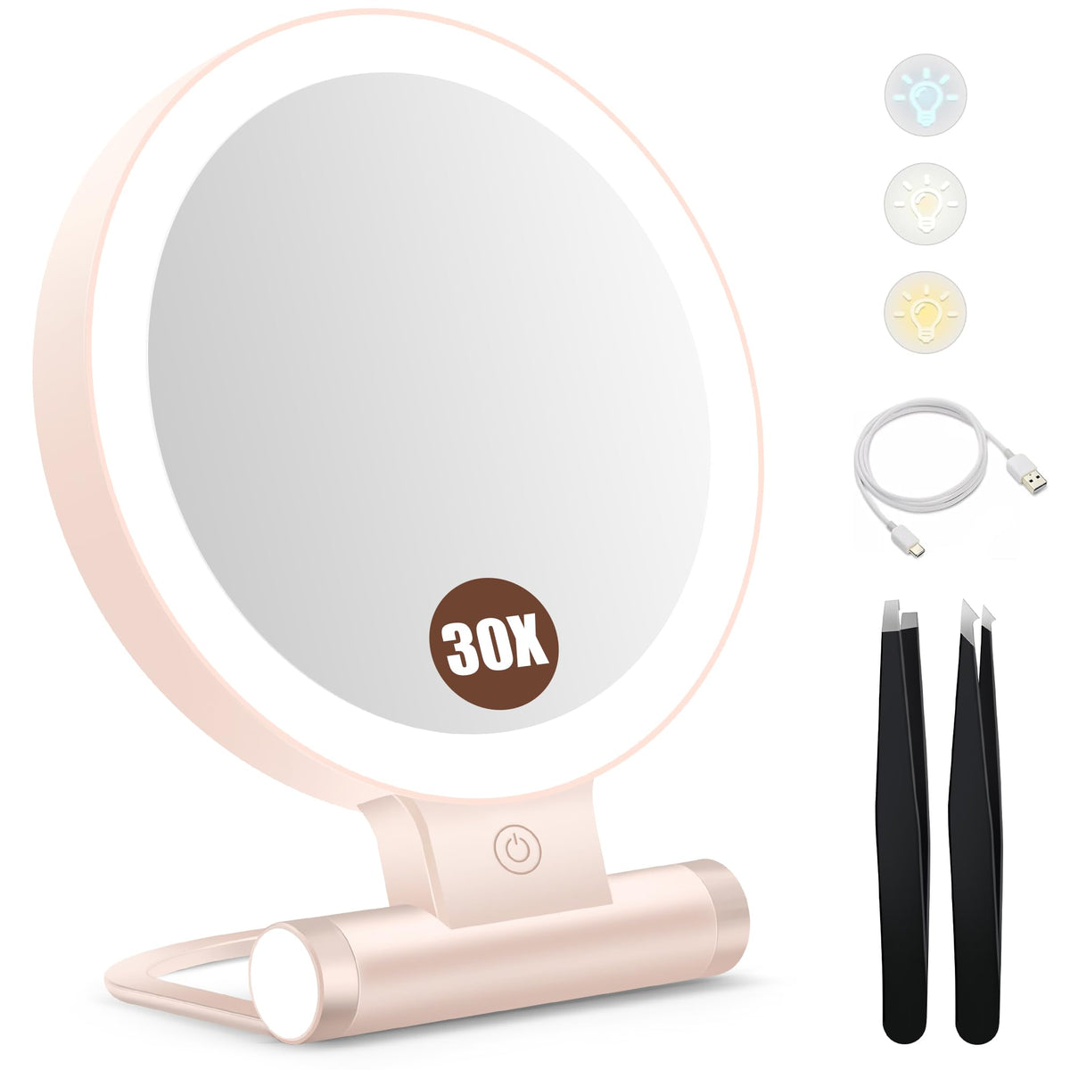 B Beauty Planet Magnifying Mirror with Light 30X, Double-Sided 1X/ 30X Magnifying Makeup Mirror with Tweezer, 2000mAh 3 Colour Modes with Adjustable Brightness,Foldable Travel Mirror(9" L x 7" W)