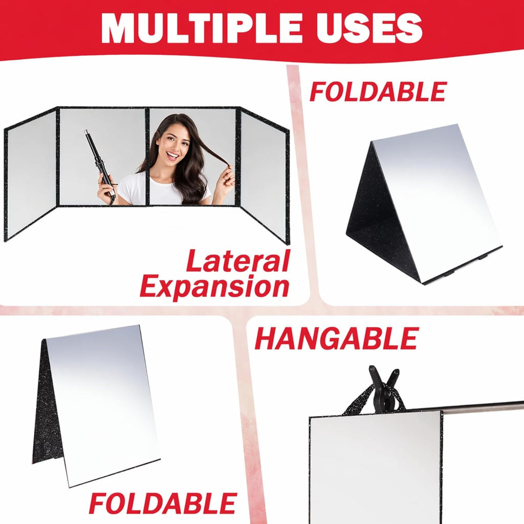 Foldable Acrylic Full Length Mirror with Handle, Black, Four-Fold