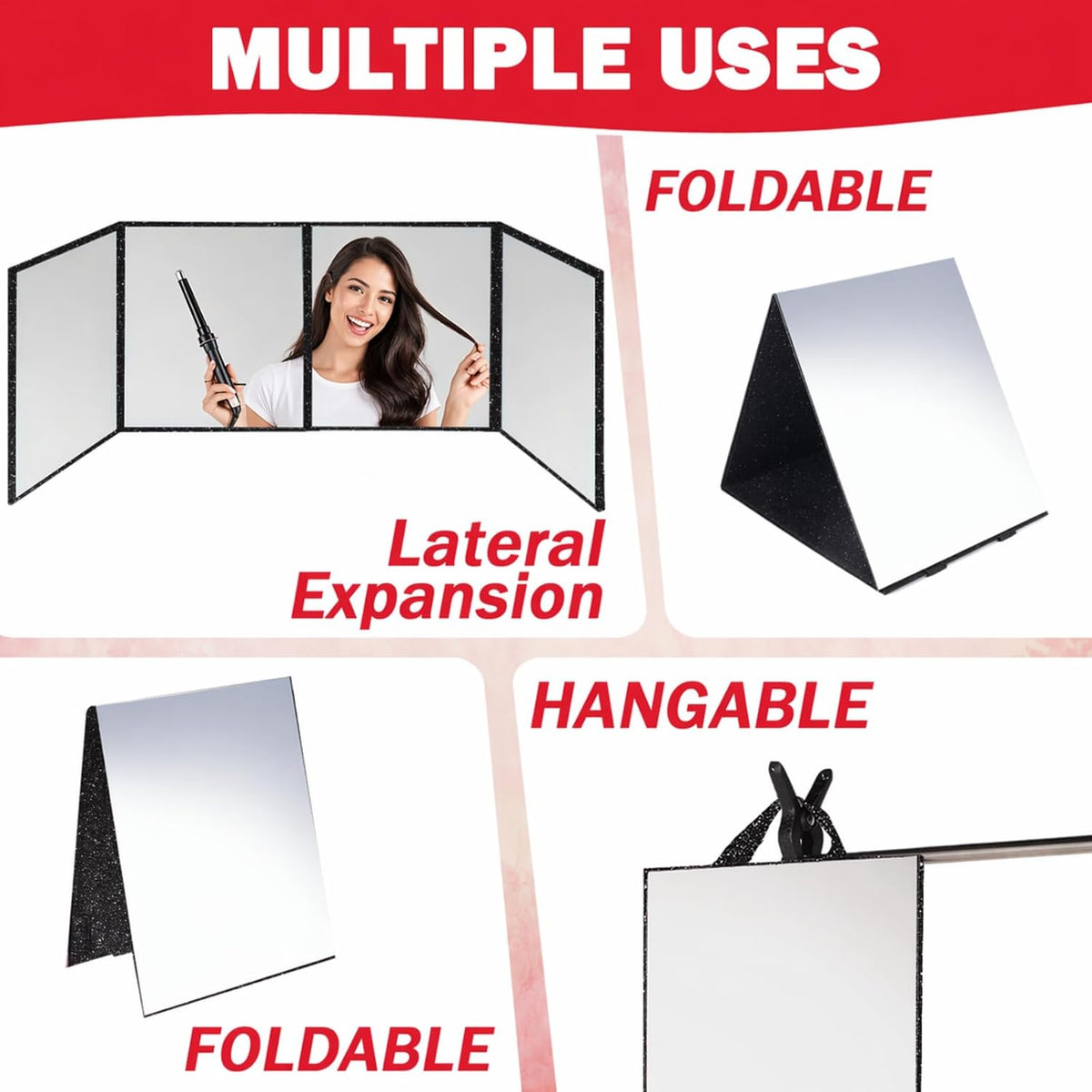 Foldable Acrylic Full Length Mirror with Handle, Black, Four-Fold
