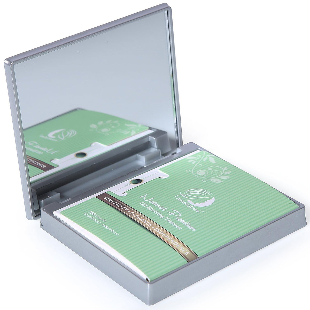 Makeup Mirror with Facial Oil Blotting Paper Sheets - Bamboo Charcoal 100 Counts, Silver Compact Folding Cosmetic Travel Mirror