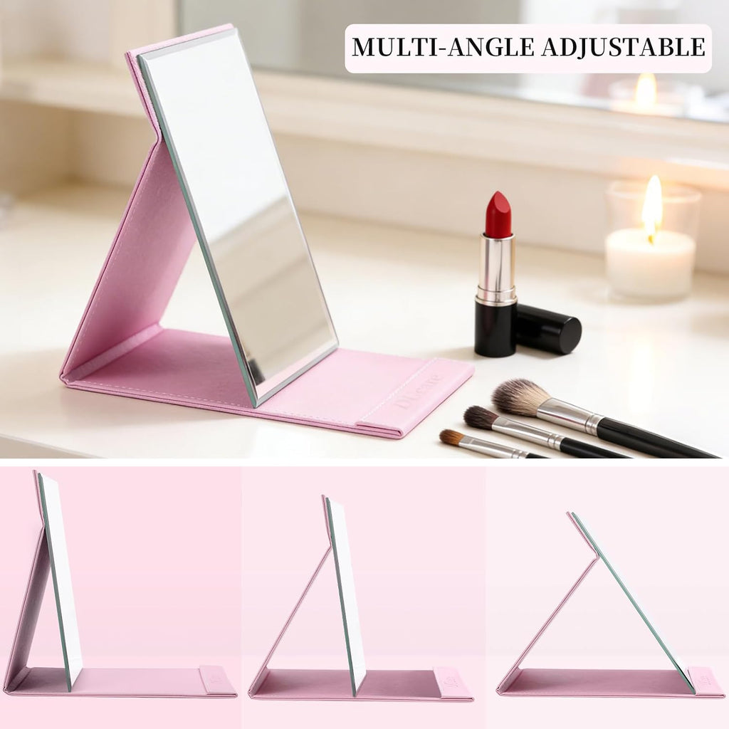DUcare Folding Table Mirror 6x8 Inch - Portable Desk & Travel Mirror with PU Leather Cover, Adjustable Stand for Makeup, Shaving, Crafting, Pink