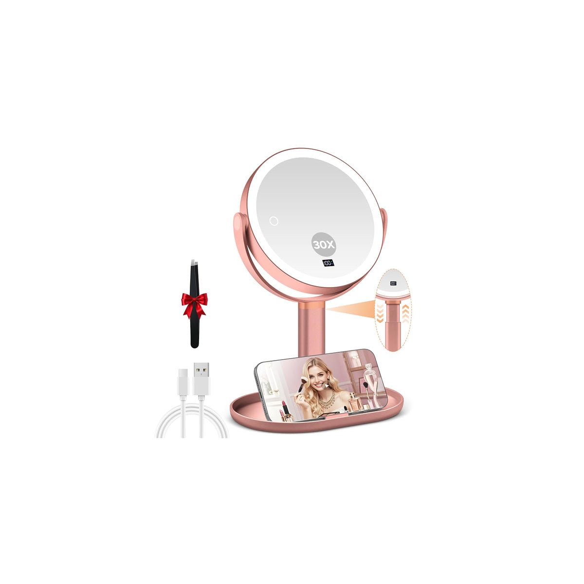 MIYADIVA Travel Makeup Mirror with Lights, Height Adjustable 30X/1X Double-Sided Magnifying Mirror, Portable Vanity Mirror with Tweezers, Handheld Tabletop Hanging, White