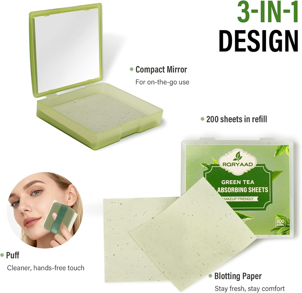 300 Oil Blotting Sheets for Face with Mirror & Puff, Green Tea Oil Absorbing Blotting Papers, Portable Blotting Sheets for All Skin Types, Makeup & Shine Control