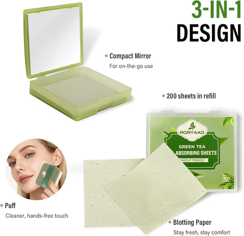 300 Oil Blotting Sheets for Face with Mirror & Puff, Green Tea Oil Absorbing Blotting Papers, Portable Blotting Sheets for All Skin Types, Makeup & Shine Control