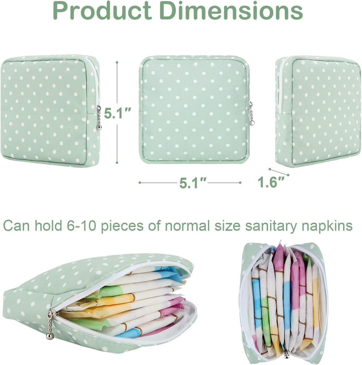 Sanitary Pad Storage Bag Portable Period Bag for Teen Pads/Sanitary Napkins/Small Tampons, Sanitary Napkin Storage Bag First Period Gifts for Teen Girls (Green Dot)
