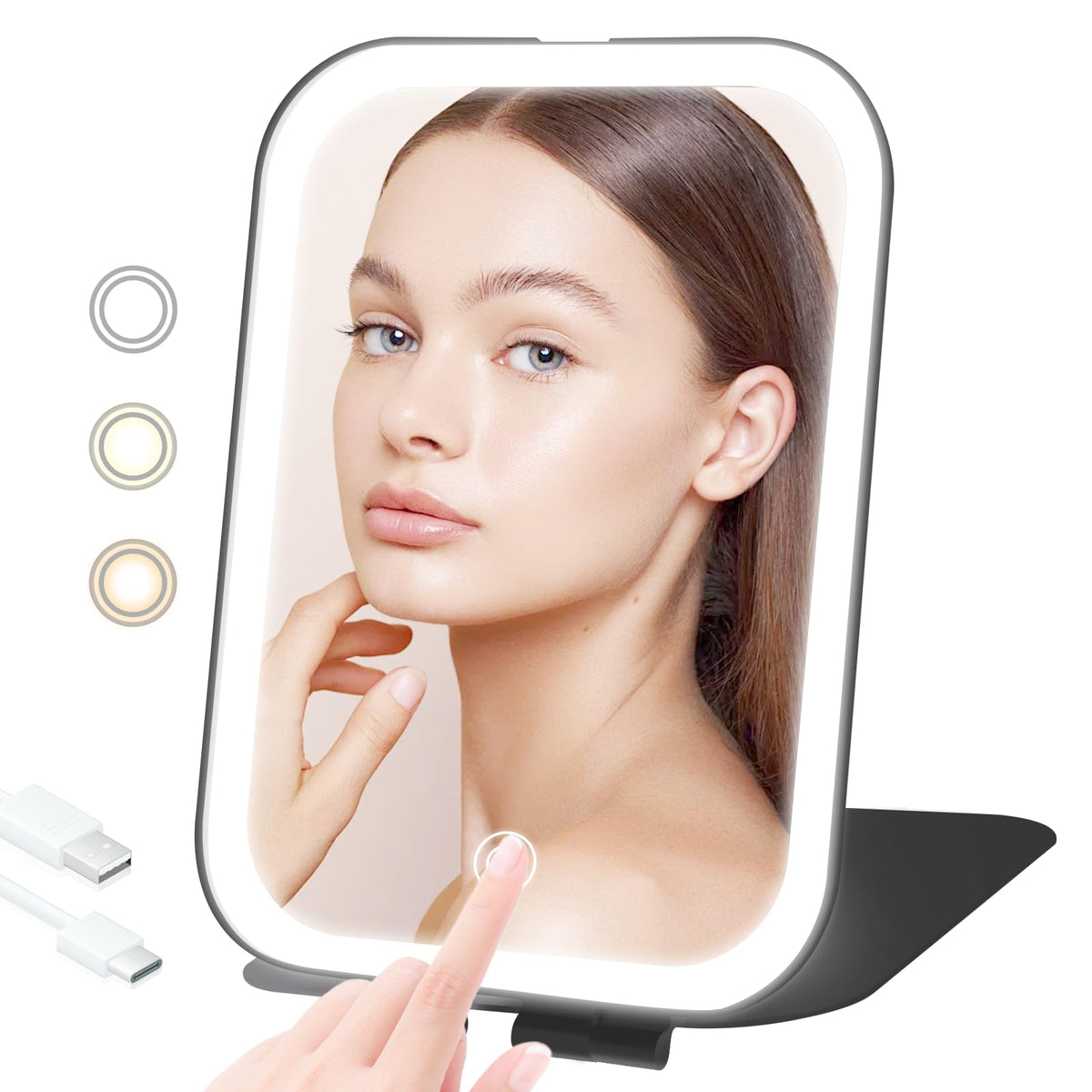 Travel Makeup Mirror, Portable Rechargeable Mirror with Lights