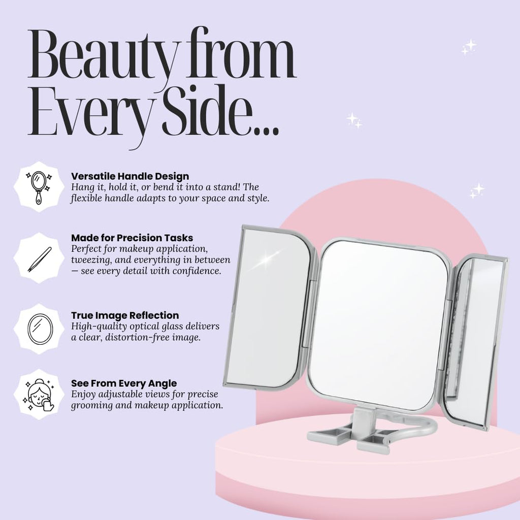 Danielle Creations 3-Way Foldable Travel Makeup Mirror with Built in Stand and Handle, Silver