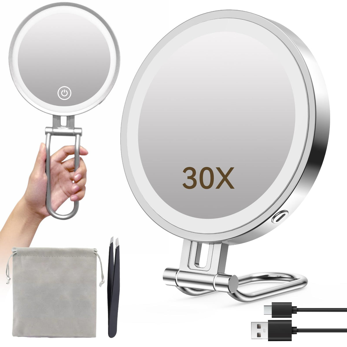 Travel Makeup Mirror with Lights,3000mAh Rechargeable 1X/30X Magnifying Mirror with Light, 7" Portable Lighted Beauty Mirror, Make Up Mirrors with 3 Light Colors, Dimmable Tabletop Handhold Hanging(B)
