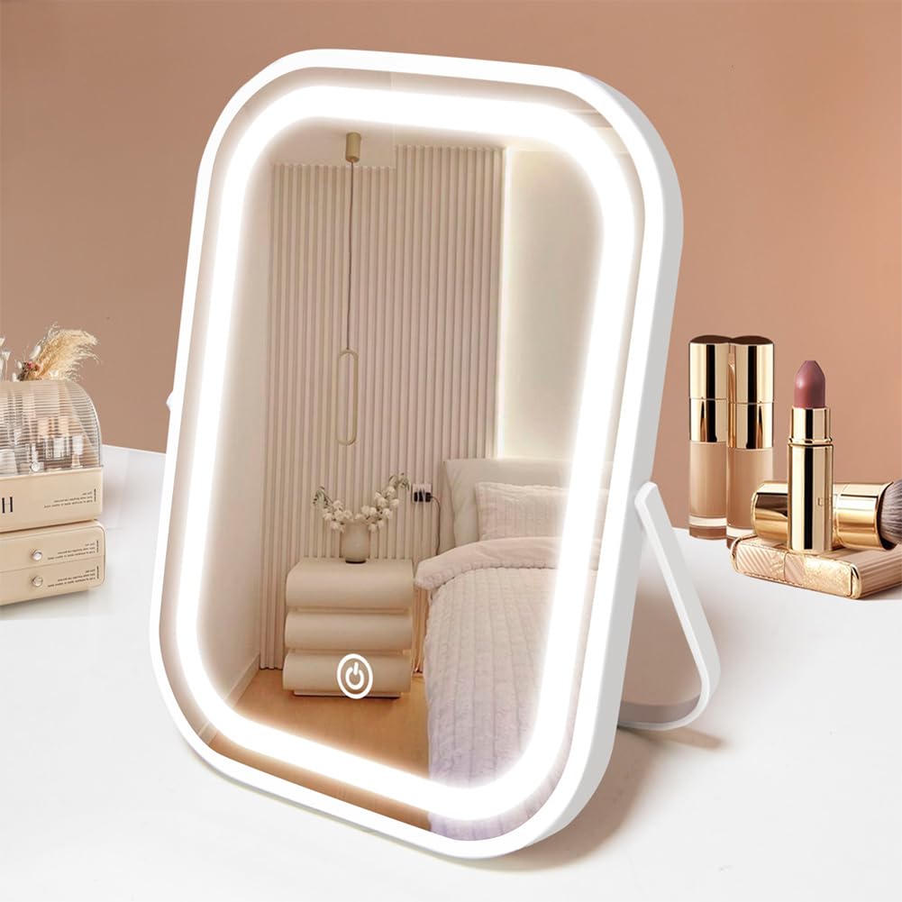 YEKKOPT Rechargeable Vanity Mirror with Lights,Desk Makeup Mirror with Lights,Portable Travel for Makeup Desk ＆ Dressing Room,3 Color Lighting, Dimmable Touch Screen