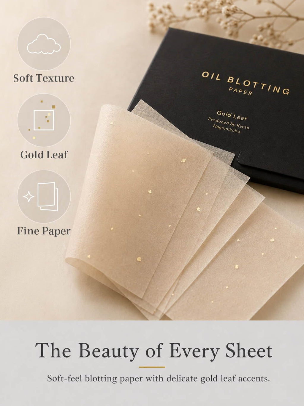 Gold Leaf Look Oil Blotting Paper, 100 Sheets, Made in Japan Aburatorigami, Premium Japanese Face Oil Absorbing Sheets for Oily Skin, Black Gold Foil Package
