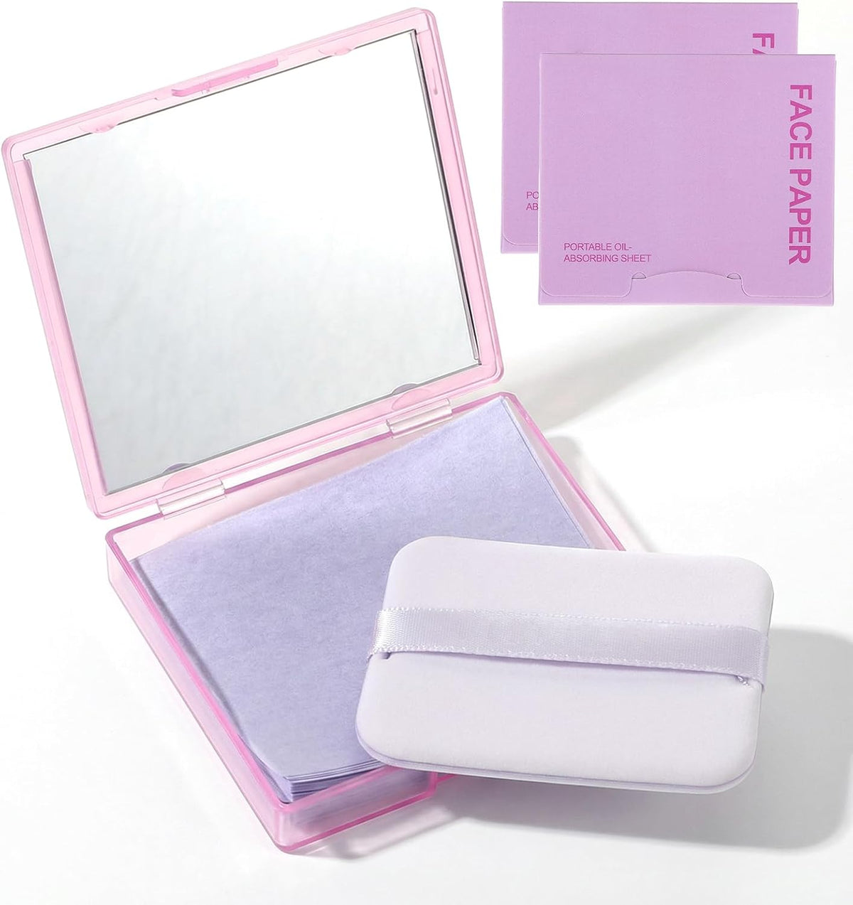 Qianyu 300 Sheets Oil Blotting Paper for Face with Mirror Puff & Refills, Controls Shine Film Absorbs Excess Oil for Oily Skin Travel Size Summer On-the-Go Essential for Flawless Matte Finish Makeup