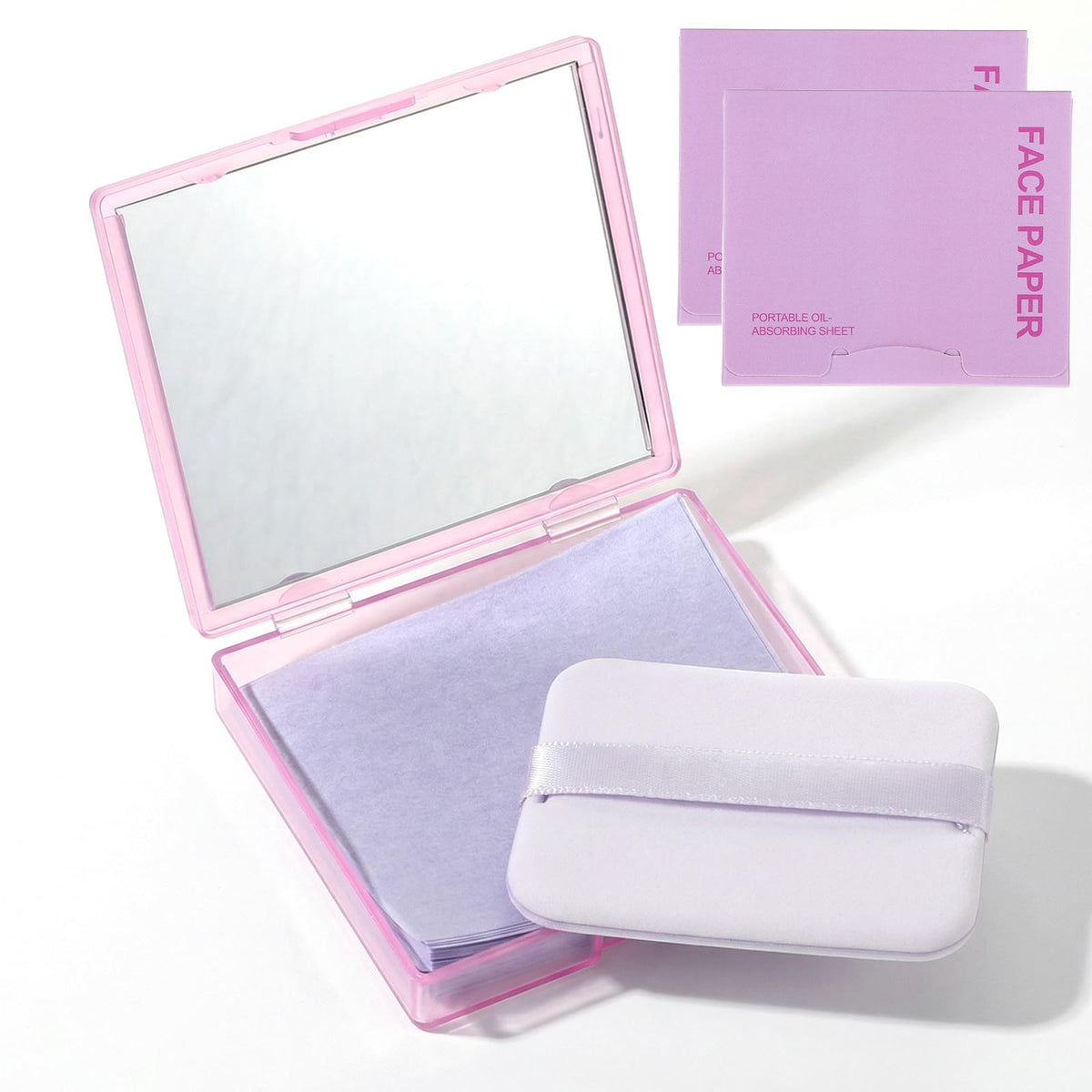 Qianyu 300 Sheets Oil Blotting Paper for Face with Mirror Puff & Refills, Controls Shine Film Absorbs Excess Oil for Oily Skin Travel Size Summer On-the-Go Essential for Flawless Matte Finish Makeup