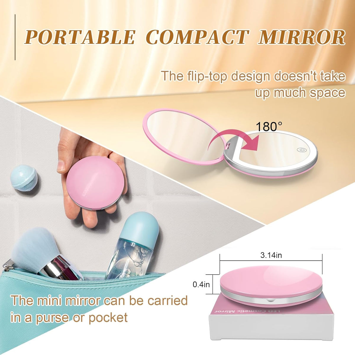 Pink Compact Mirror with Light, 1X/3X Magnification LED Pocket Mirror
