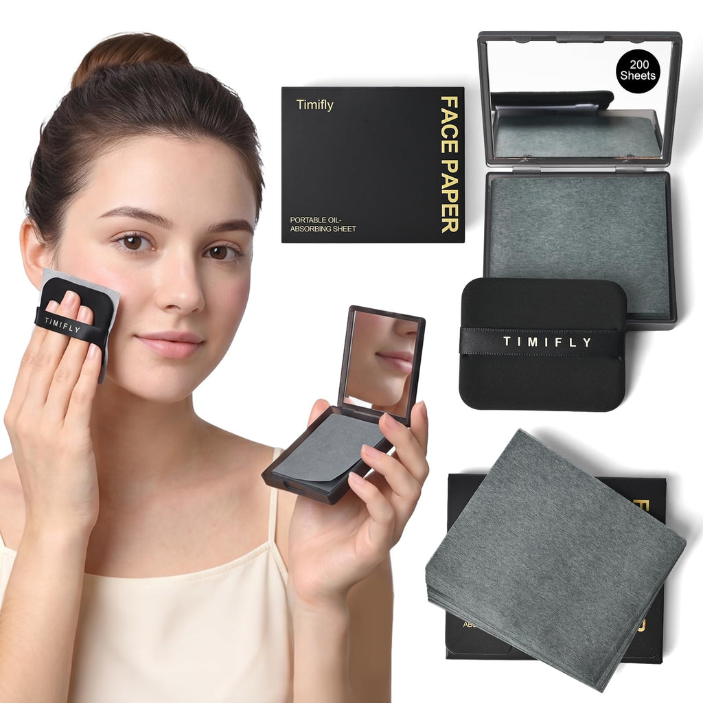 KYDA 200 Sheets Face Oil Blotting Paper, Included Refills, Mirror and Puff, Oil Absorbing Sheets for Matte Makeup, Controls Shine, Absorb Excess Oil, Travel Size Gentle Face Makeup