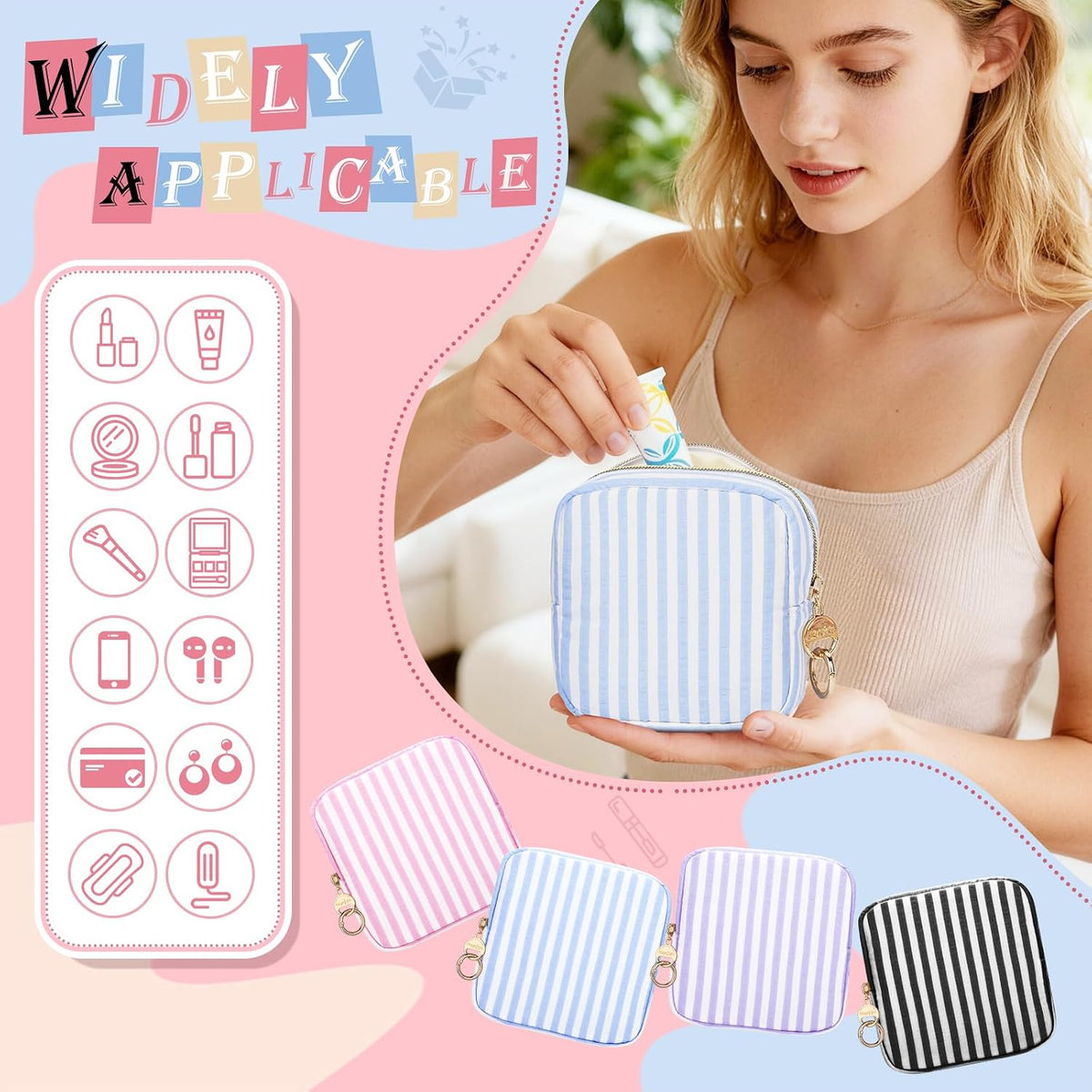 Stripes Period Bag, Small Period Pouches for Teen Girls, Quilted Sanitary Napkin Storage Bag, Compact Discreet Pad and Tampon Holder for Purse (Large Stripes-Purple)