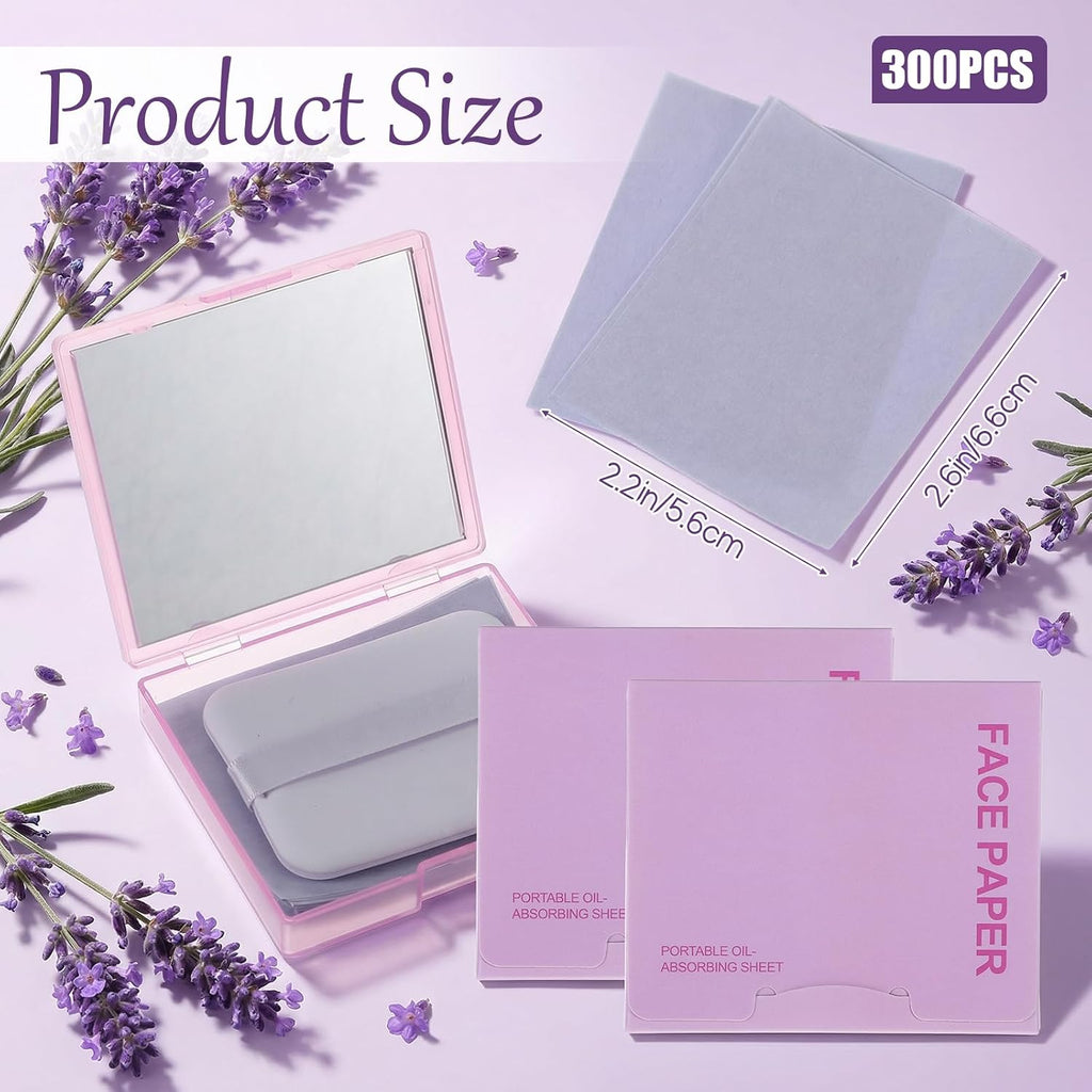 Qianyu 300 Sheets Oil Blotting Paper for Face with Mirror Puff & Refills, Controls Shine Film Absorbs Excess Oil for Oily Skin Travel Size Summer On-the-Go Essential for Flawless Matte Finish Makeup