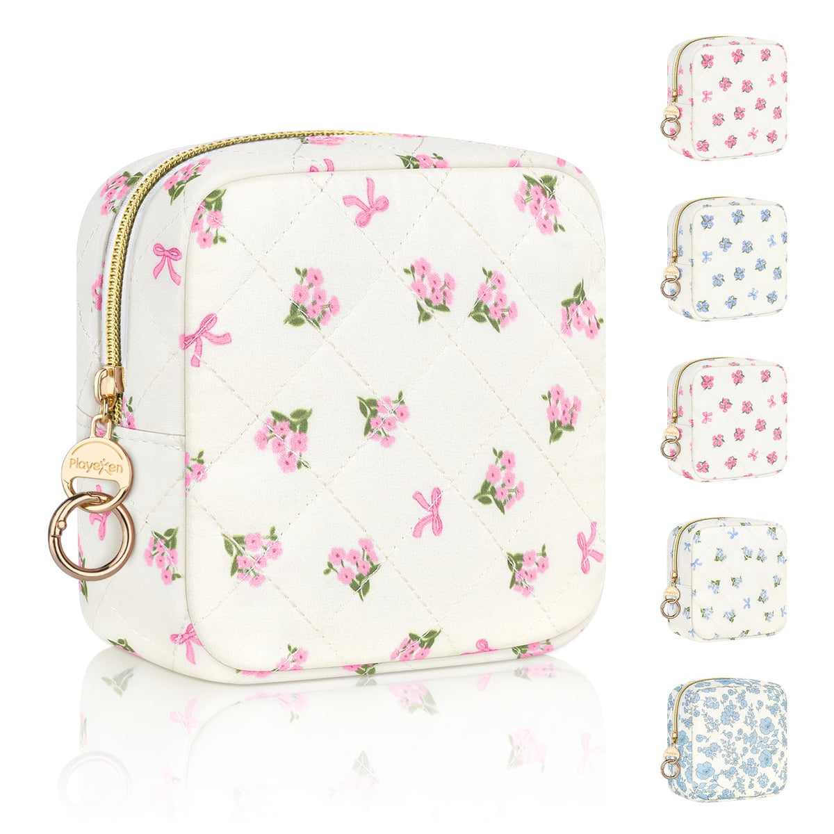 Floral Period Bag, Small Period Pouches for Teen Girls, Quilted Sanitary Napkin Storage Bag, Compact Discreet Pad and Tampon Holder for Purse (Floral-Blue)