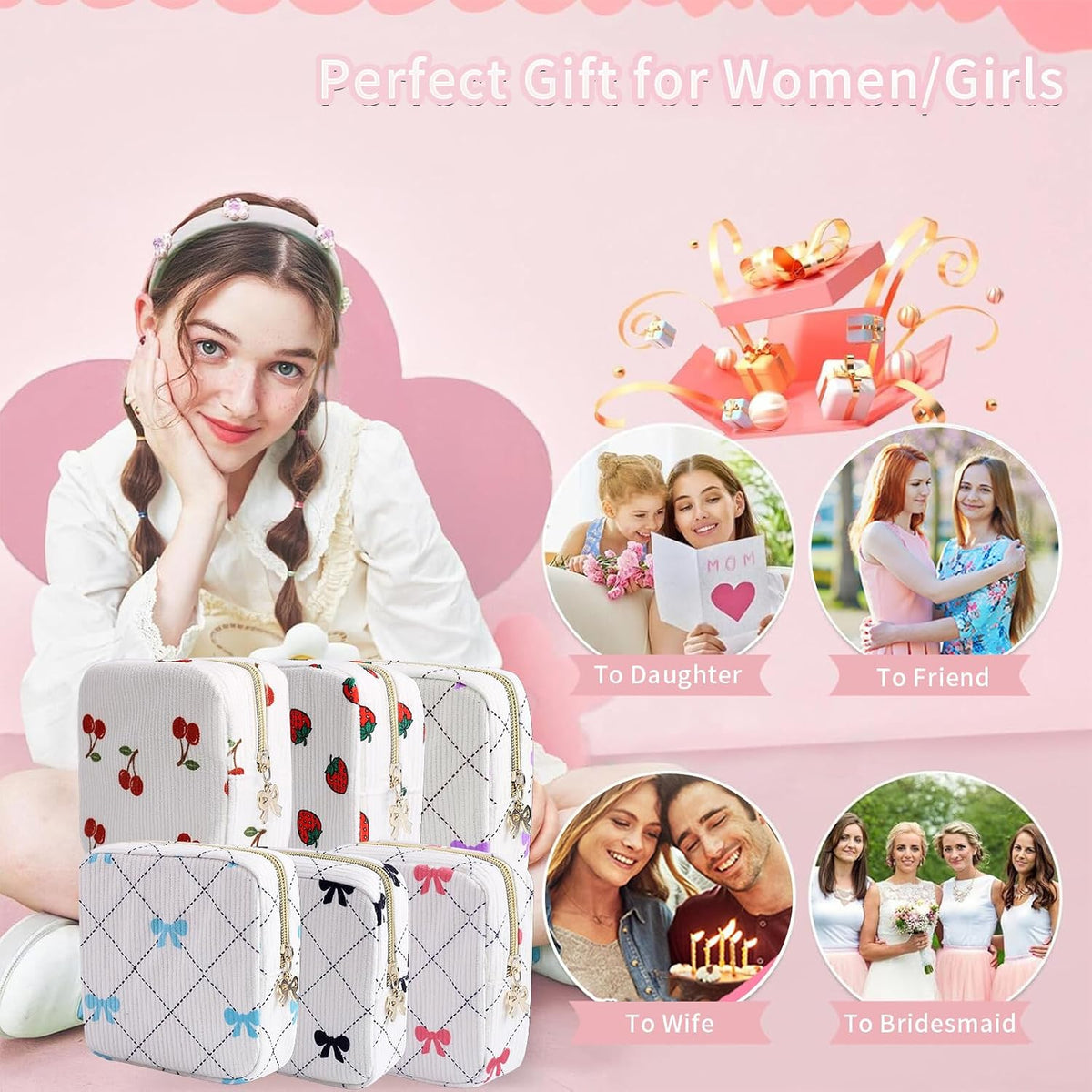 Period Bag for Women, Portable Corduroy Sanitary Napkin Storage Bag Strawberry Period Pouch with Zipper, Sanitary Pads Bag Tampons Holder for Purse, First Period