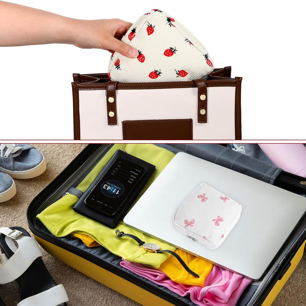 2 Pack Period Bag Pouch for Women Girls, Cute Corduroy Sanitary Napkin Storage Bag with Bow Design, Portable Discreet Menstrual Pad Pouches Tampon Holder for Purse, Small Make Up Bags