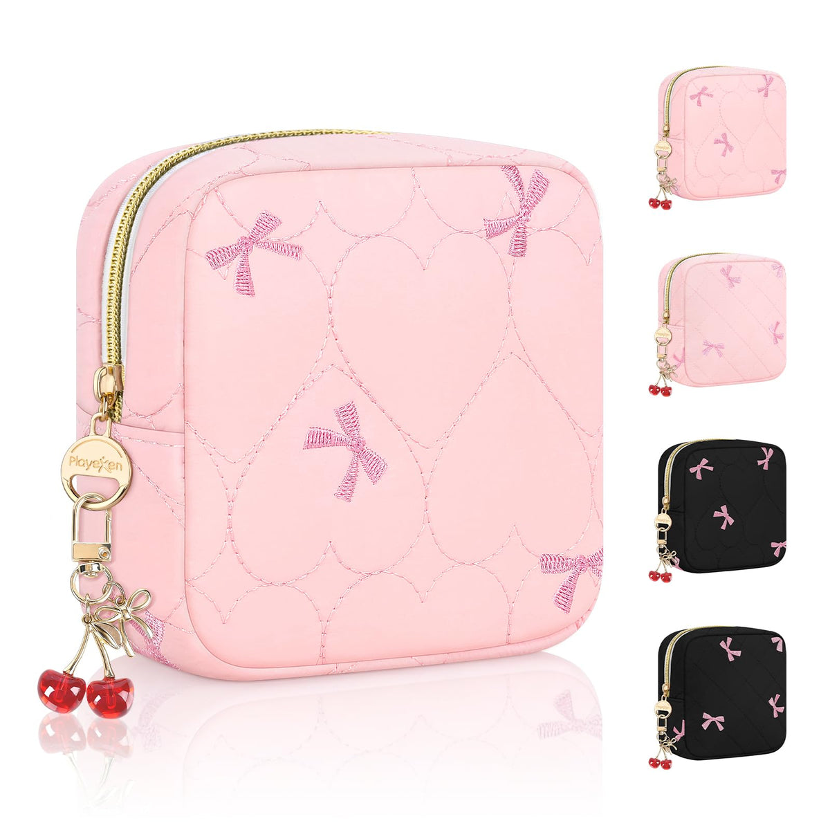 Period Bag with Cherry Keychain, Small Period Pouches for Teen Girls, Cute Sanitary Napkin Storage Bag, Cherry Compact Discreet Pad and Tampon Holder for Purse (Corduroy-Black)
