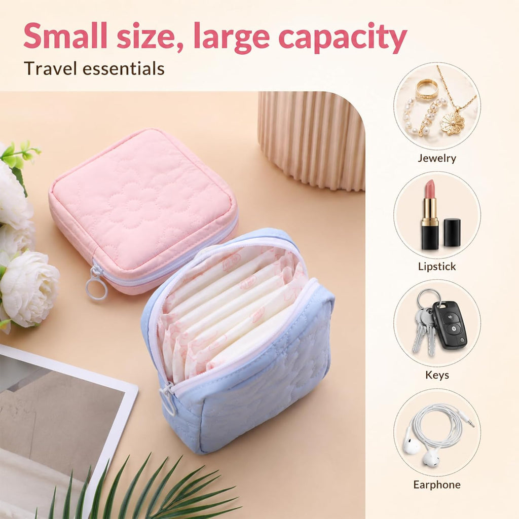 2 PCS Period Bags for Teen Girls, Pink Blue Floral Printed Napkin Storage Period Pouches for Teen Girls, Portable Cute Printed Menstrual Pad Pouch Tampon Holder for Purse, First Period Kit for Girls