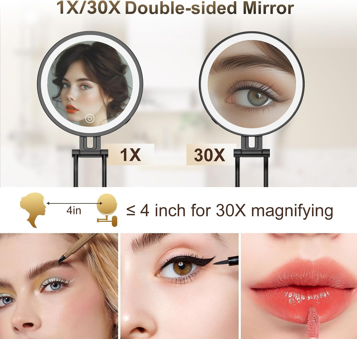 Travel Makeup Mirror with Lights,3000mAh Rechargeable 1X/30X Magnifying Mirror with Light, 7" Portable Lighted Beauty Mirror, Make Up Mirrors with 3 Light Colors, Dimmable Tabletop Handhold Hanging(B)