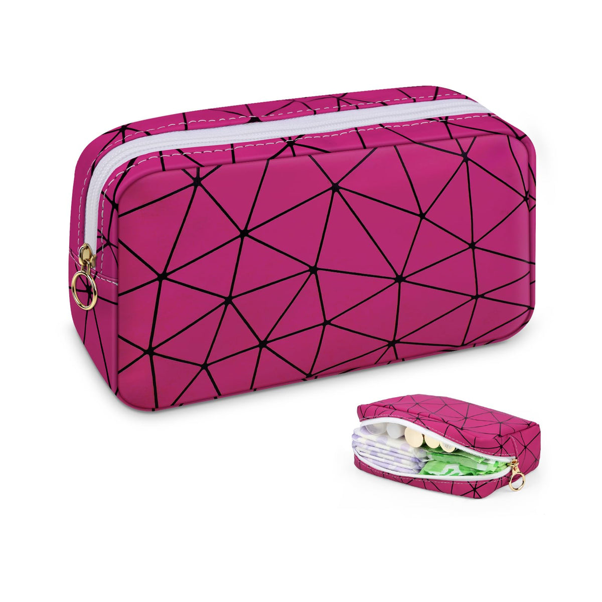 Discreet Period Bag Waterproof Geometric PU Sanitary Napkin Storage Bag Portable Menstrual Pad Pouch Cute Tampon Bag for Purse Small Makeup Bag S-Pink