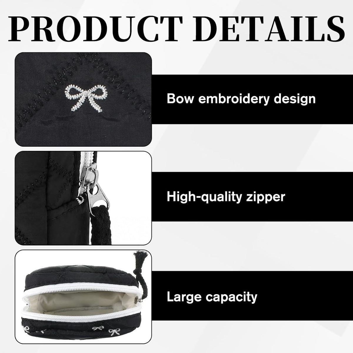Grevosea Period Bag for Teen Girls, Cute Bow Period Pouch Sanitary Pad Pouch Storage Bag Tampon Holder for Purse Teen Period Kit Gifts (Black)