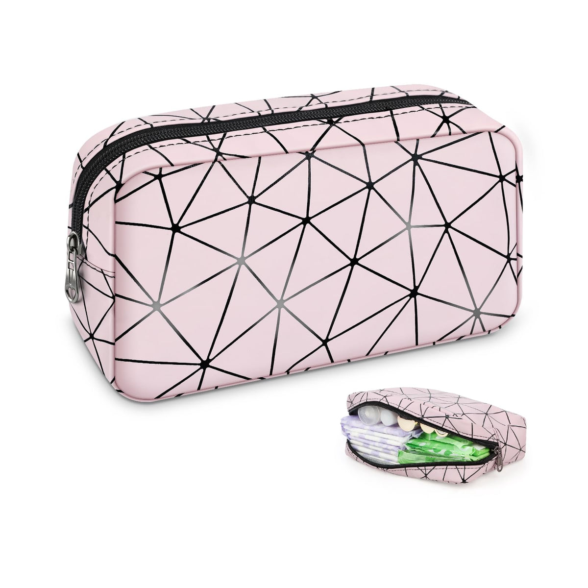 Discreet Period Bag Waterproof Geometric PU Sanitary Napkin Storage Bag Portable Menstrual Pad Pouch Cute Tampon Bag for Purse Small Makeup Bag S-Pink