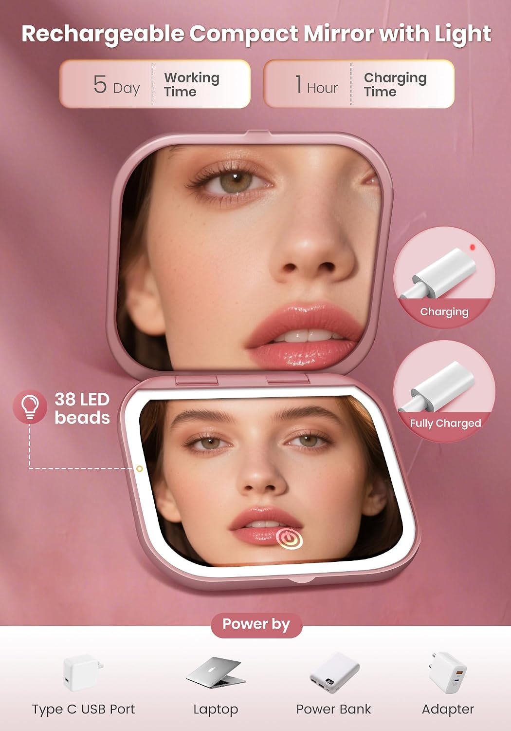 Magnifying Mirror with Light, Rechargeable Compact Makeup Mirror 40X Rose