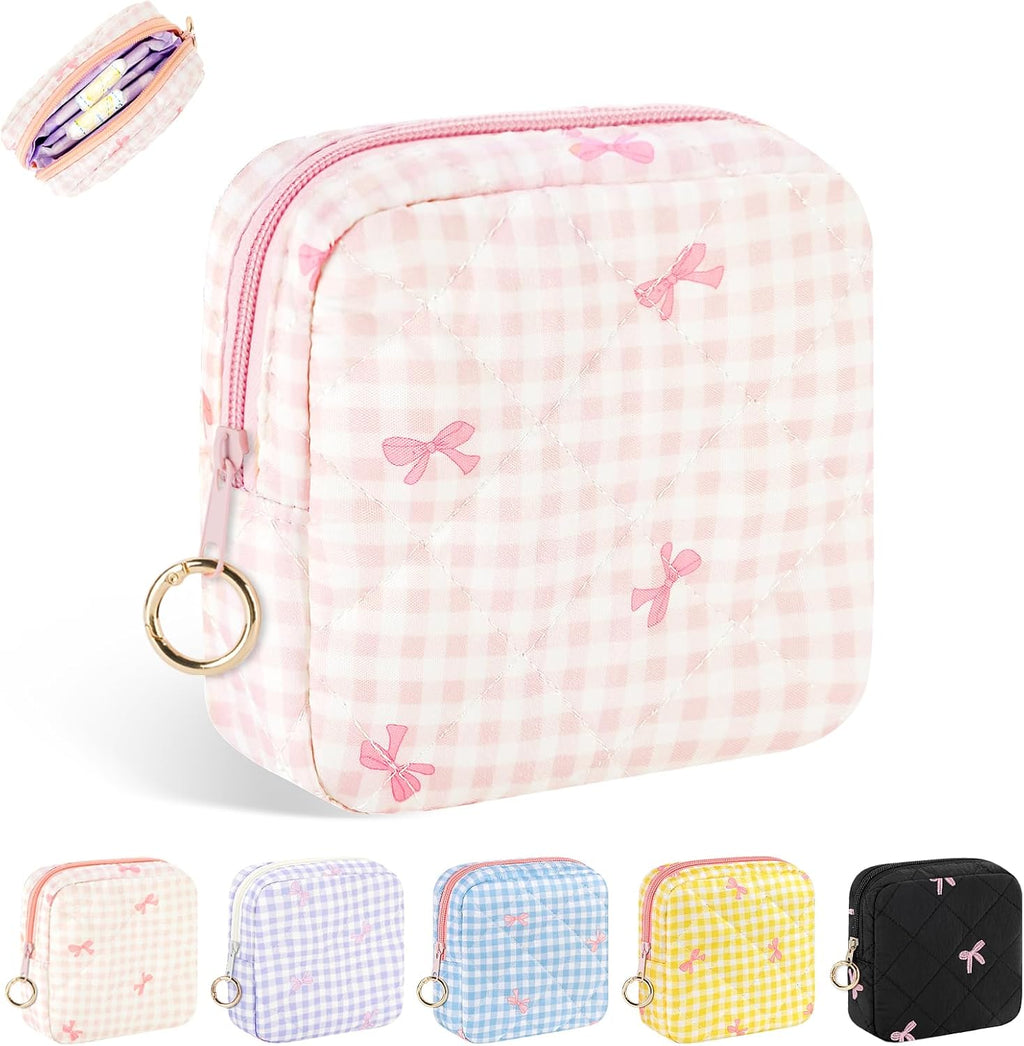 Period Bag for Teen Girls, Quilted Sanitary Napkin Storage Bag, Cute Bow Tie Menstrual Pad Pouch Tampon Holder (Plaid Pink)