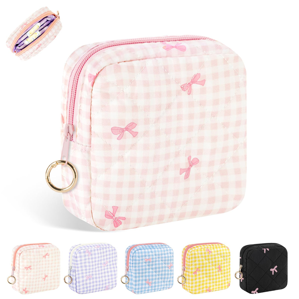 Period Bag for Teen Girls, Quilted Sanitary Napkin Storage Bag, Cute Bow Tie Menstrual Pad Pouch Tampon Holder (Plaid Pink)
