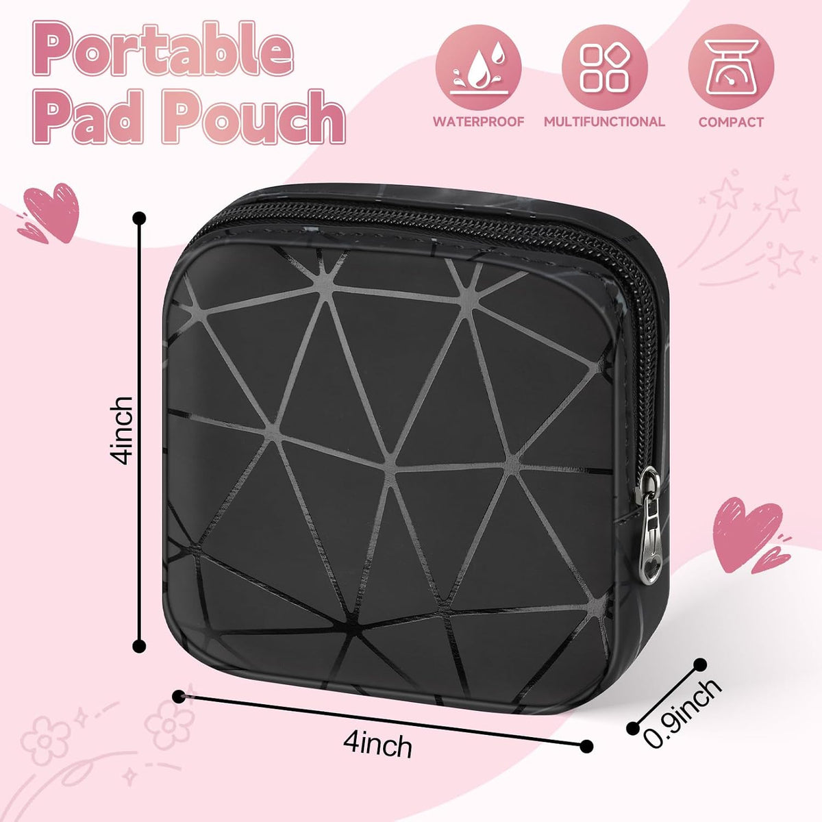 Discreet Period Bag Waterproof Geometric PU Sanitary Napkin Storage Bag Portable Menstrual Pad Pouch Cute Tampon Bag for Purse Small Makeup Bag S-Pink