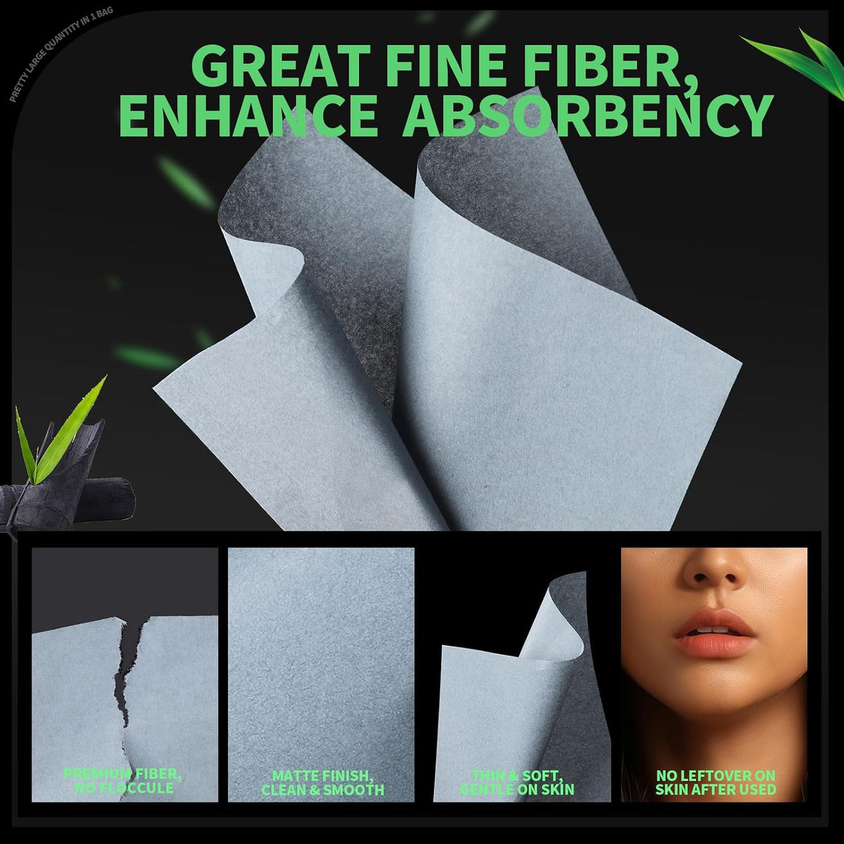Blotting Paper for Oily Skin, Natural Bamboo Charcoal Blotting Paper, Oil Blotting Sheets for Face, 100 * 70MM Large Oil Absorbing Sheets Makeup Face Tissues, 200 Counts