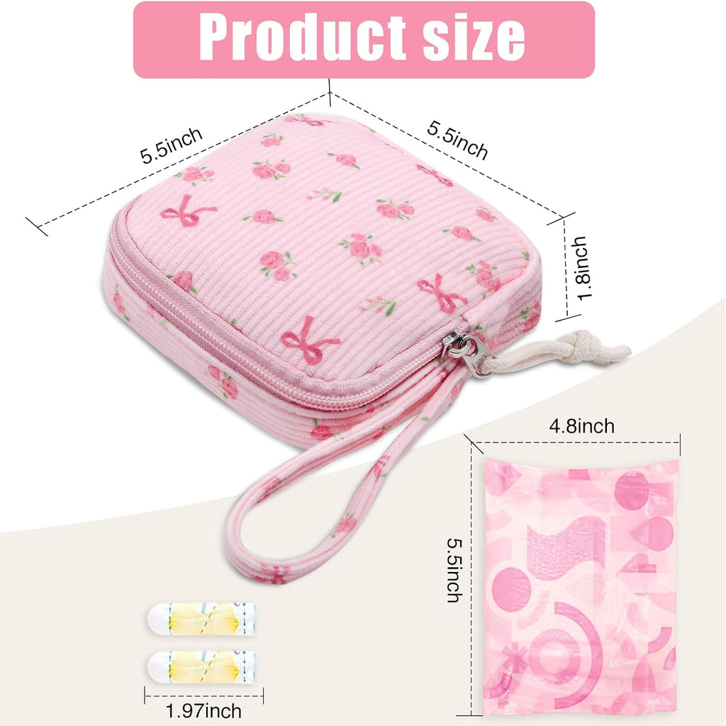 Small Makeup Bag | Discreet Period Bag Pad Pouch for Purse| Sanitary Napkin Storage & Tampon Holder for Travel(Flower bow pink)