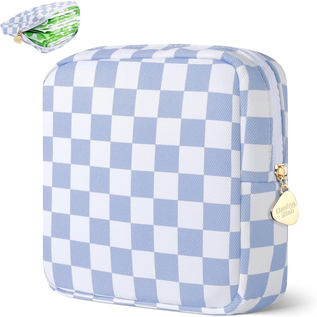 Period Bag Pouch Soft Cloth Sanitary Napkin Storage Bag Portable Menstrual Pad Pouches Tampon Holder for Purse First Period Kit for Girls 9-12 (Blue-White Check)
