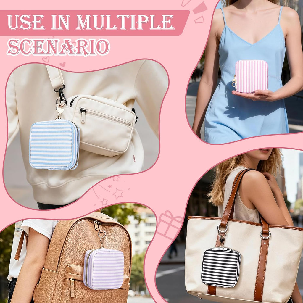 Stripes Period Bag, Small Period Pouches for Teen Girls, Quilted Sanitary Napkin Storage Bag, Compact Discreet Pad and Tampon Holder for Purse (Large Stripes-Purple)