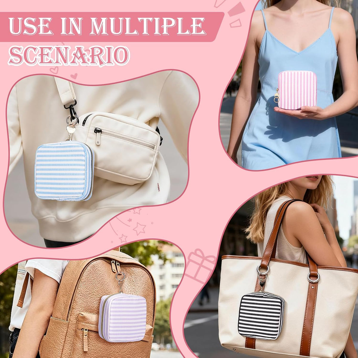 Stripes Period Bag, Small Period Pouches for Teen Girls, Quilted Sanitary Napkin Storage Bag, Compact Discreet Pad and Tampon Holder for Purse (Large Stripes-Purple)